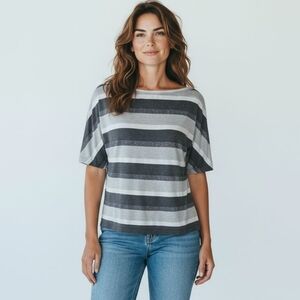 St. John Metallic Boat Neck Short Sleeve Blouse Size Medium Black Grey White